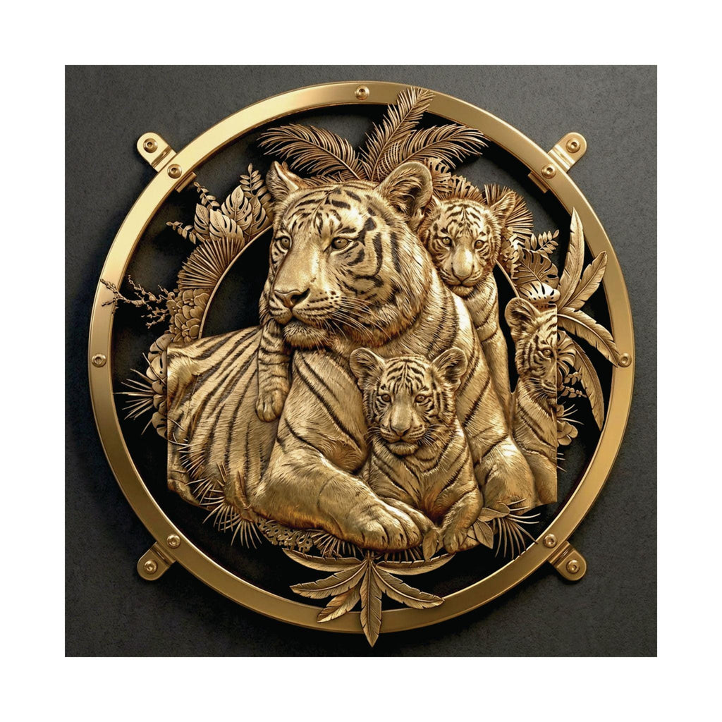 Gold Tiger Family Wall Art, Jungle Circle Framed Poster