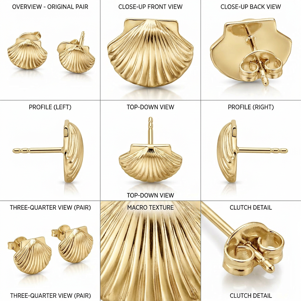 Gold Shell Stud Earrings | 9k 14k 18k Seashell Studs | MokshaGoldSculptures