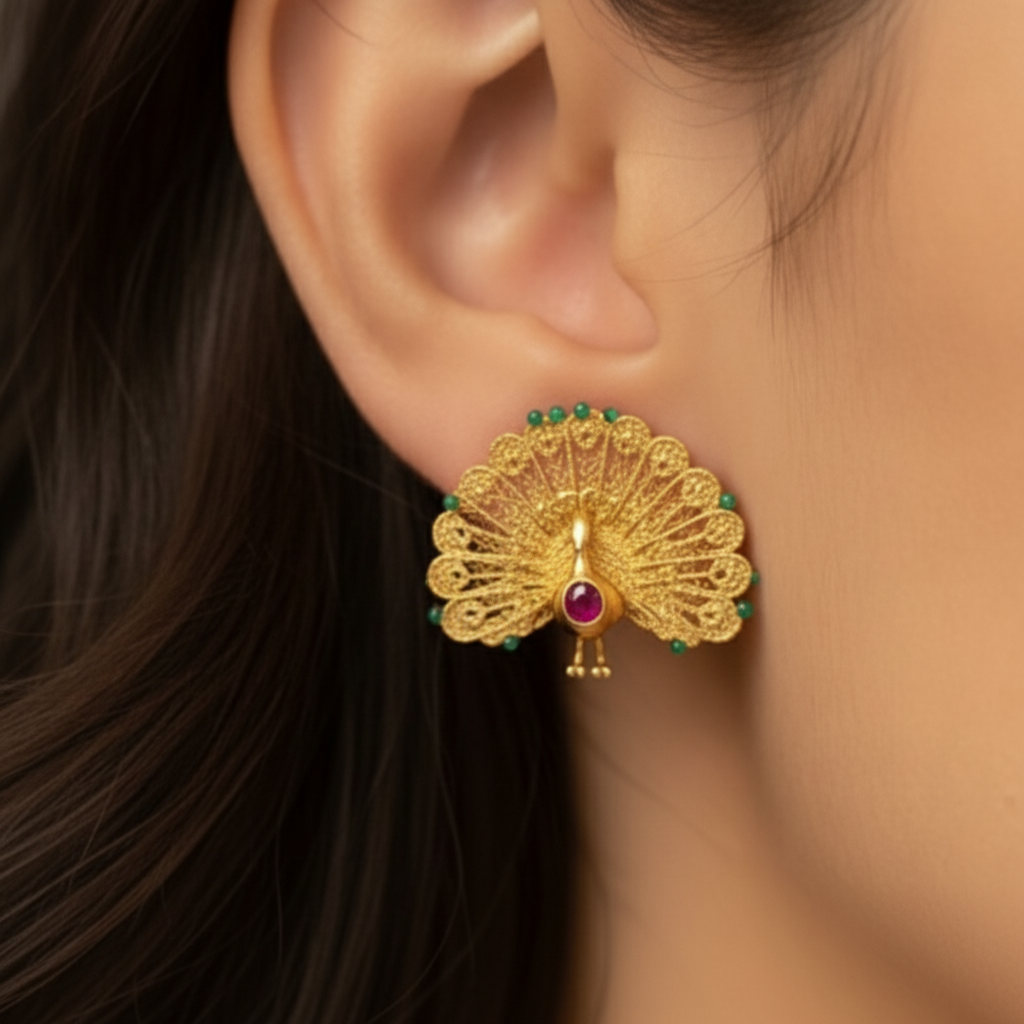 Peacock Stud Earrings in polished brass by MokshaGoldSculptures, fan tail design shown on ear.