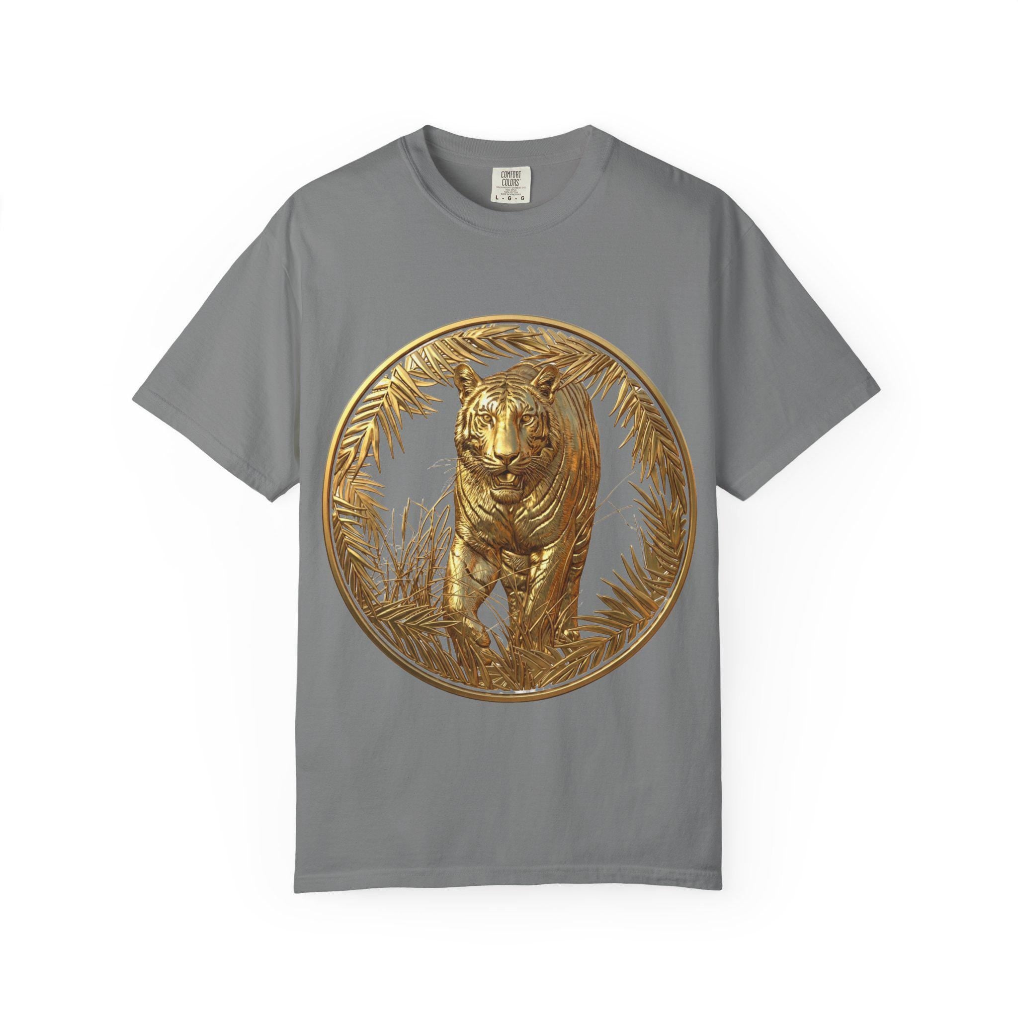 Prowling Tiger 3D Gold T-Shirt Fierce Wildlife Design, Majestic Predator in Luxury Gold Print