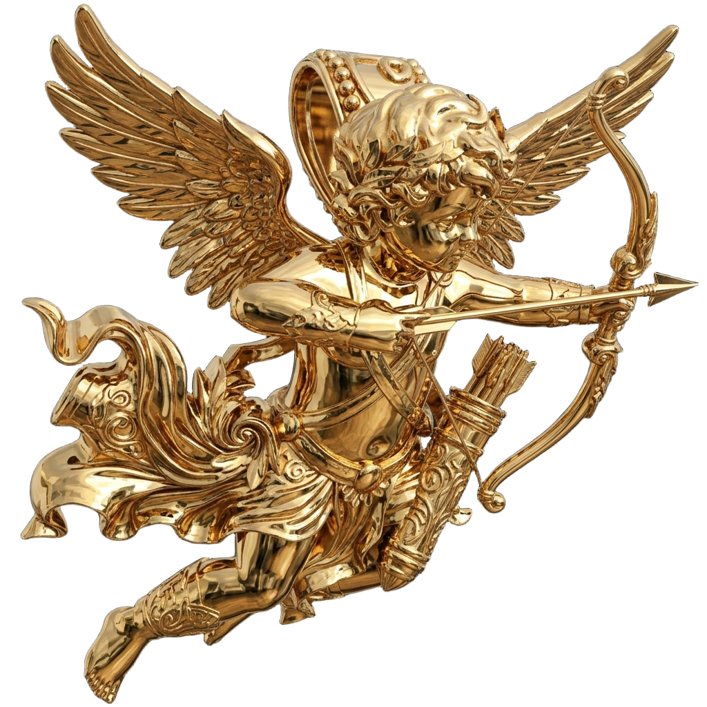 Winged Cupid Archer Pendant Necklace | Cherub Angel with Bow & Arrow | Handmade in 9K Gold, Sterling Silver & Yellow Brass