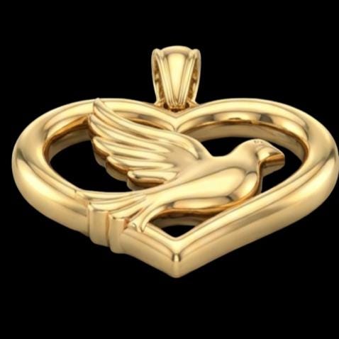 The 3D Dove Pendant in gold-plated or sterling silver by MokshaGoldSculptures, heart outline design.