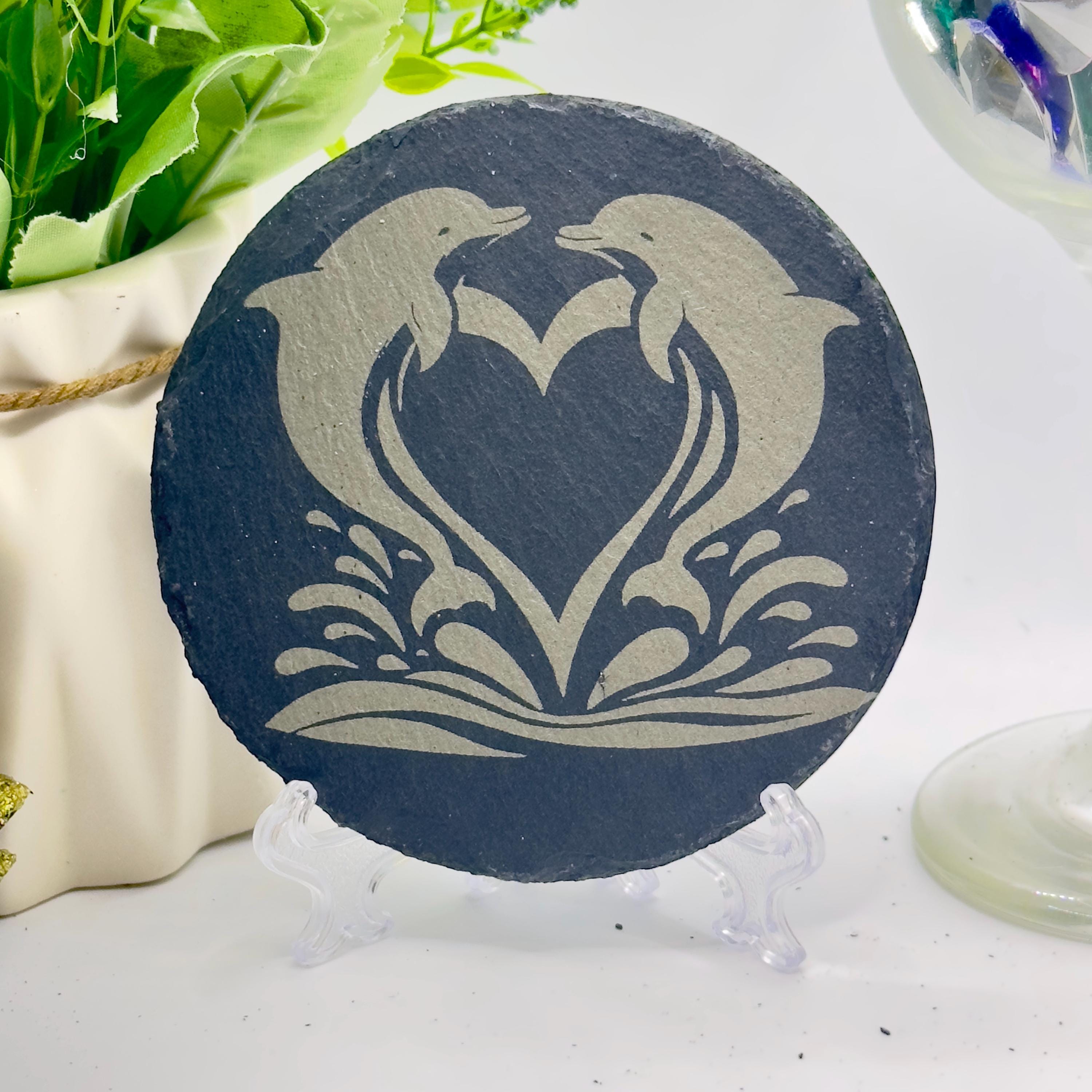 Dolphin Slate Coaster | Handmade Engraved Dolphin Coaster | Marine Wildlife Gift | Ocean Home Decor