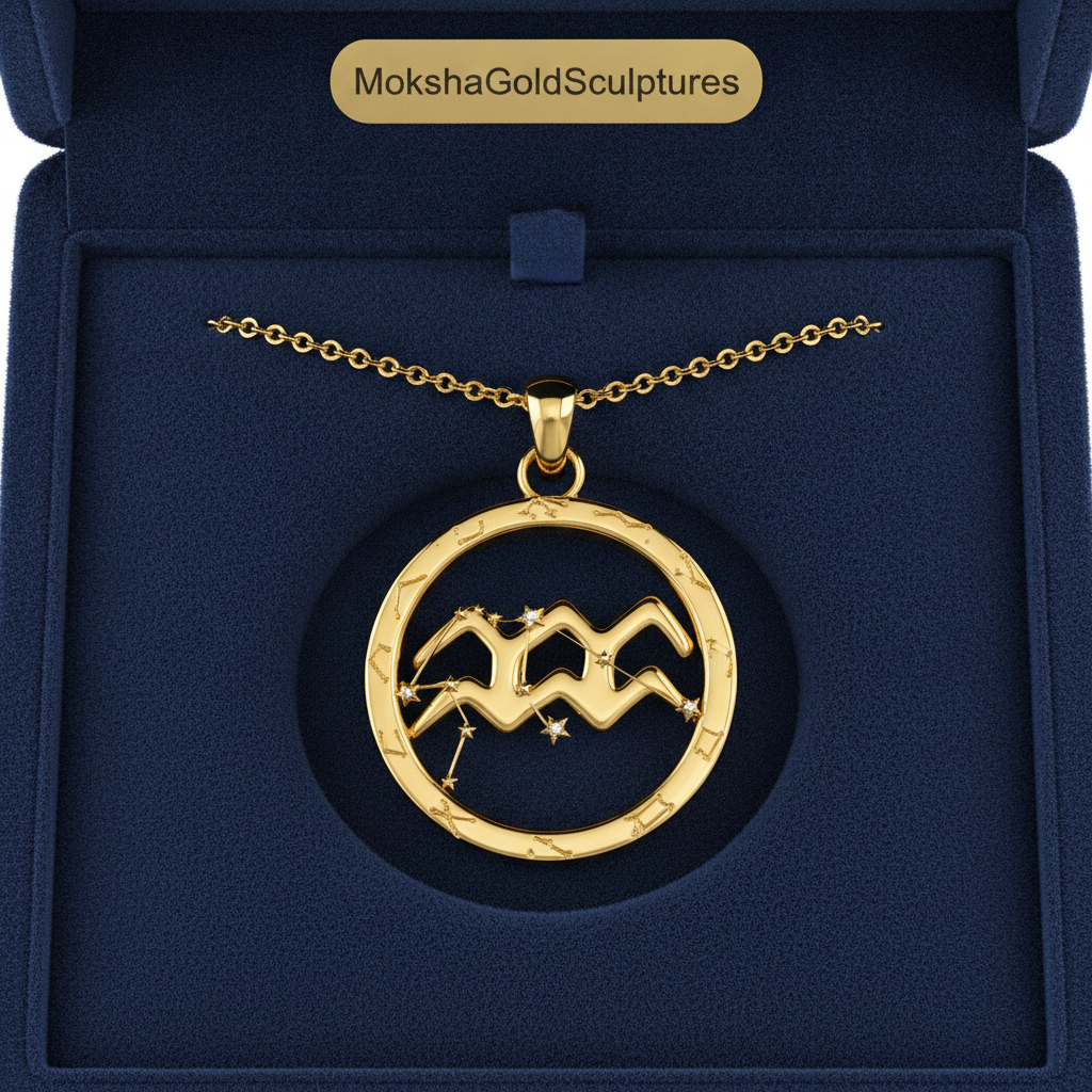 Aquarius Zodiac Pendant Necklace, 30mm Aquarius Symbol Necklace, Water Bearer Astrology Gift, 9K Gold, Sterling Silver or Yellow Brass