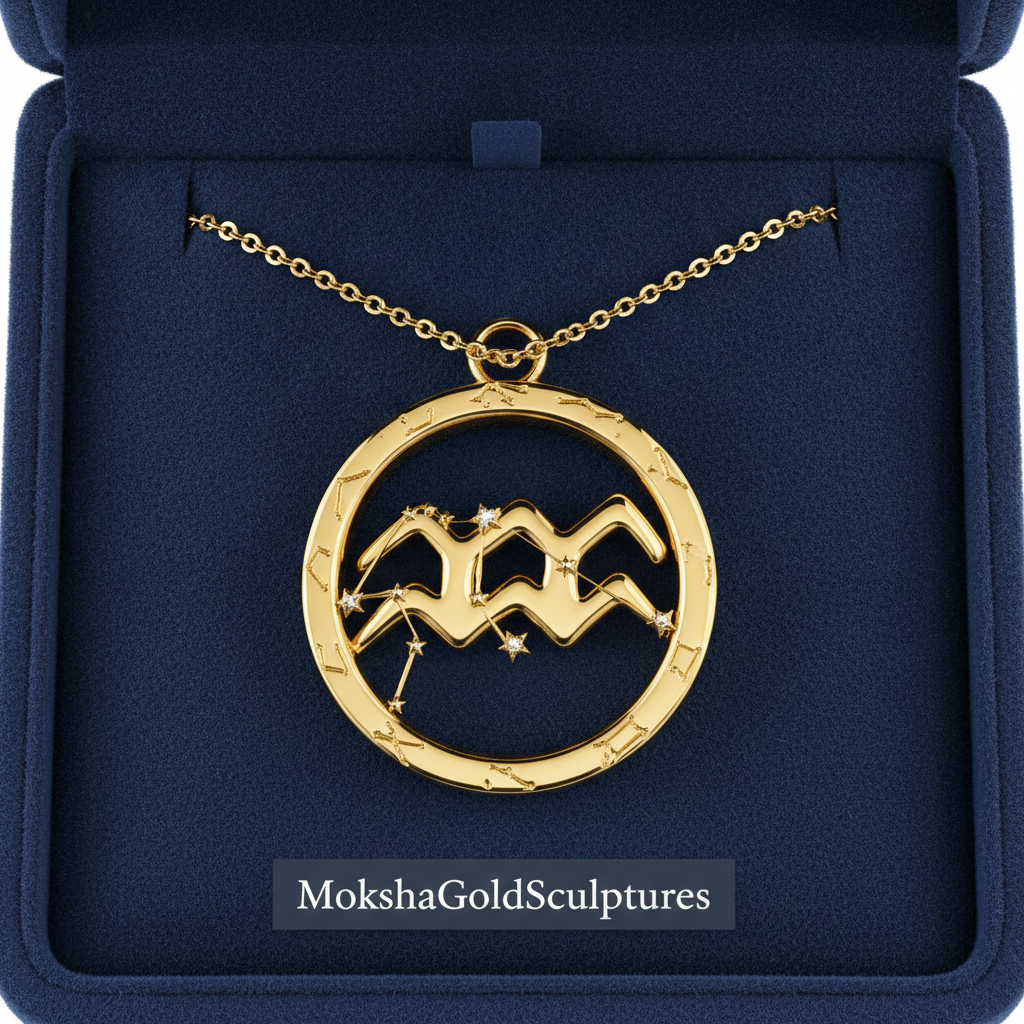 Aquarius Zodiac Pendant Necklace, 30mm Aquarius Symbol Necklace, Water Bearer Astrology Gift, 9K Gold, Sterling Silver or Yellow Brass