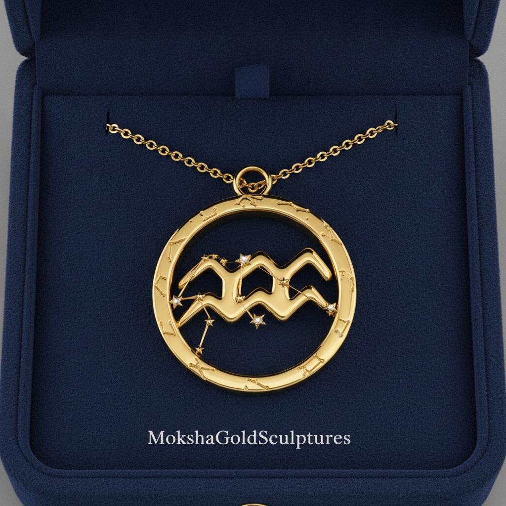 Aquarius Zodiac Pendant Necklace, 30mm Aquarius Symbol Necklace, Water Bearer Astrology Gift, 9K Gold, Sterling Silver or Yellow Brass