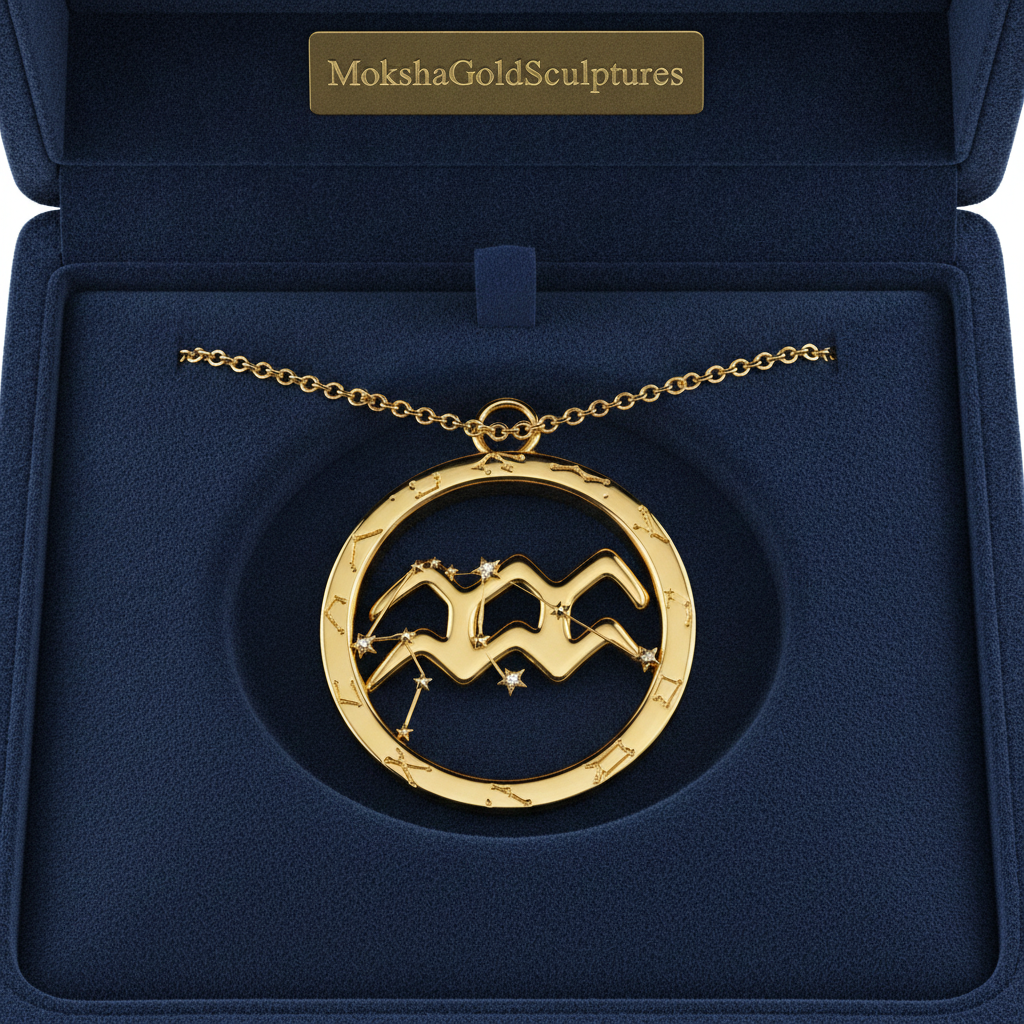 Aquarius Zodiac Pendant Necklace, 30mm Aquarius Symbol Necklace, Water Bearer Astrology Gift, 9K Gold, Sterling Silver or Yellow Brass