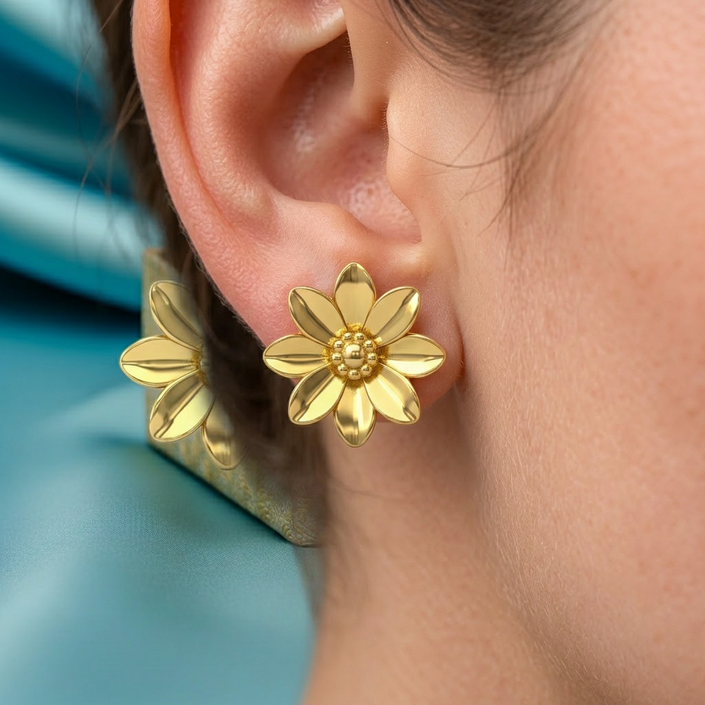 Flower Stud Earrings in polished brass by MokshaGoldSculptures, shown on ear against a soft blue background.