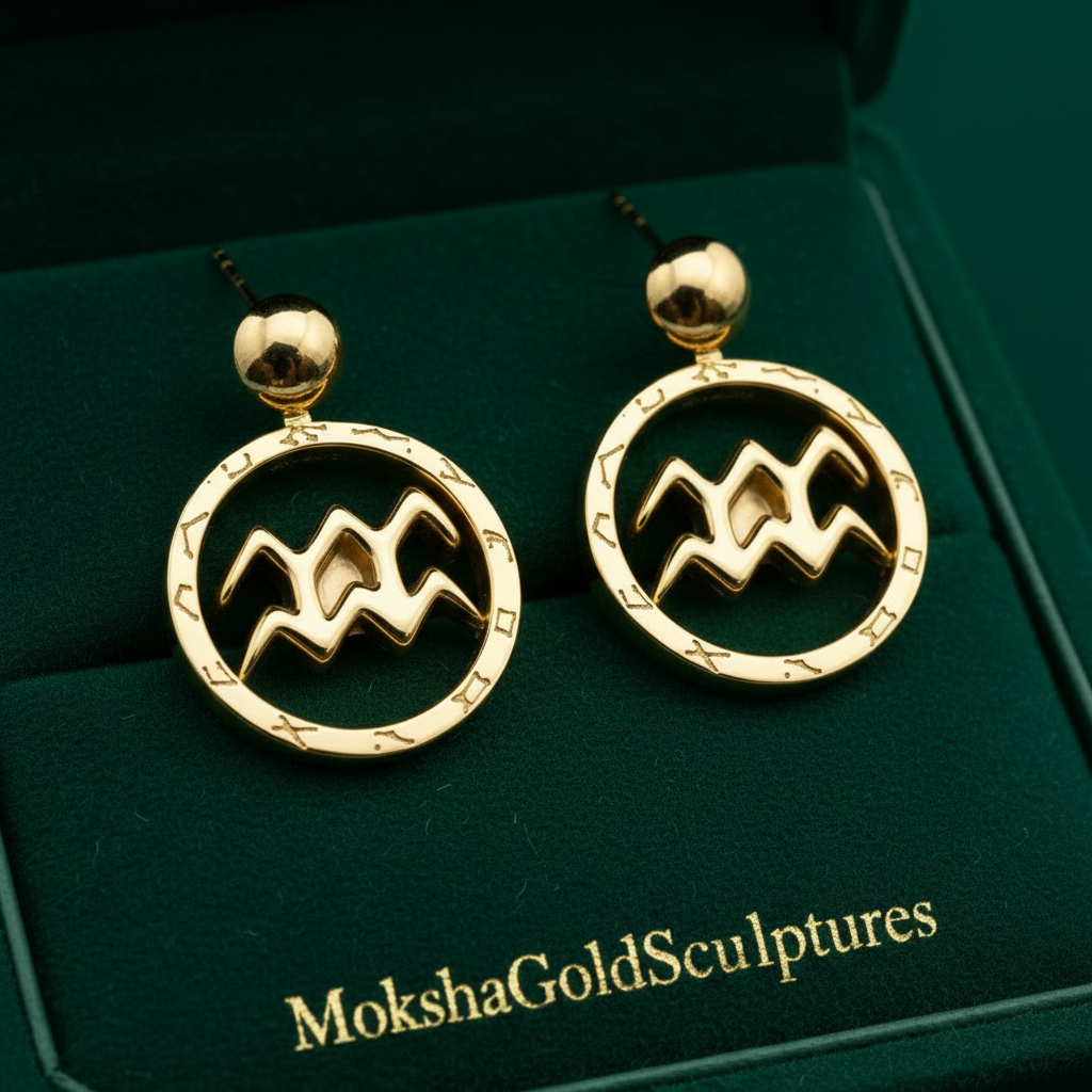 Aquarius Zodiac Pendant in 9K gold, sterling silver, and brass by MokshaGoldSculptures, engraved astrology symbols.