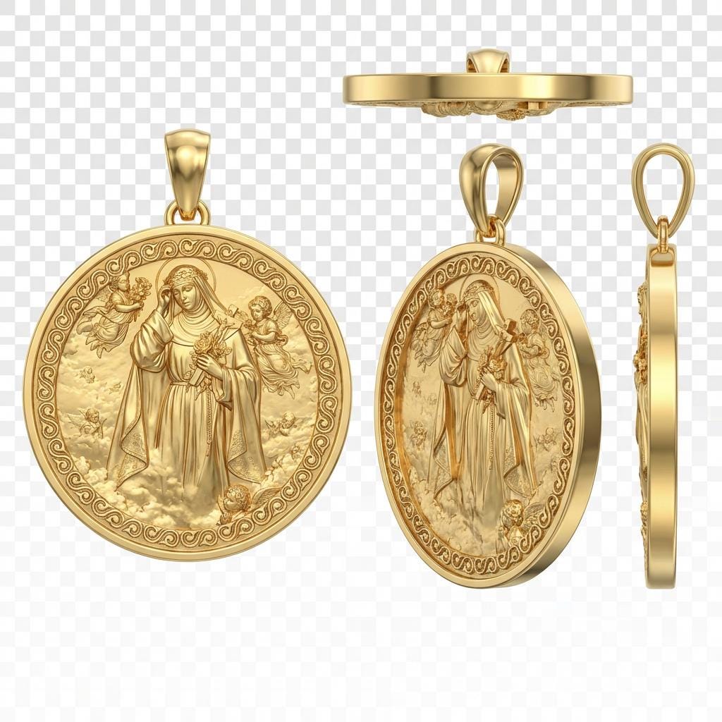Mary in the Clouds Pendant Necklace, gold finish by MokshaGoldSculptures, Virgin and angels shown on a transparent background.  MokshaGoldSculptures
