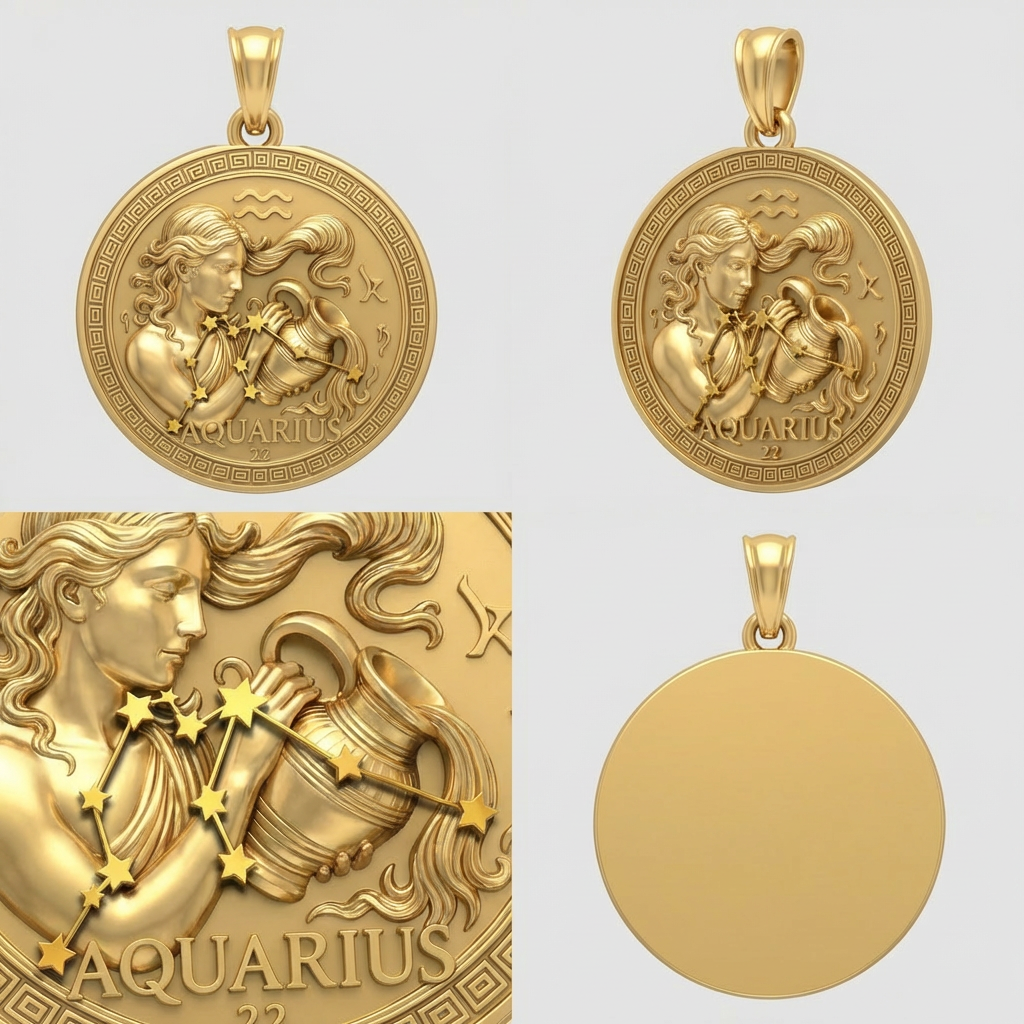 Aquarius Zodiac Pendant 3D – Woman Pouring Water, Gold or Silver, 20x5x23mm, Astrology Jewelry Gift for Aquarians