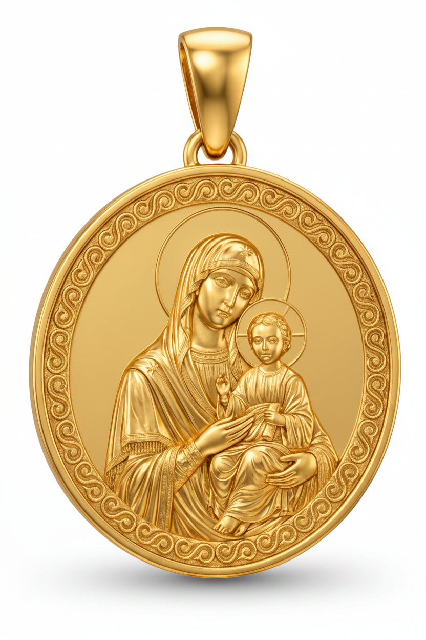 Mary with Baby Jesus Pendant Necklace – Ancient Religious Scene Jewelry – Catholic Christian Devotional Gift