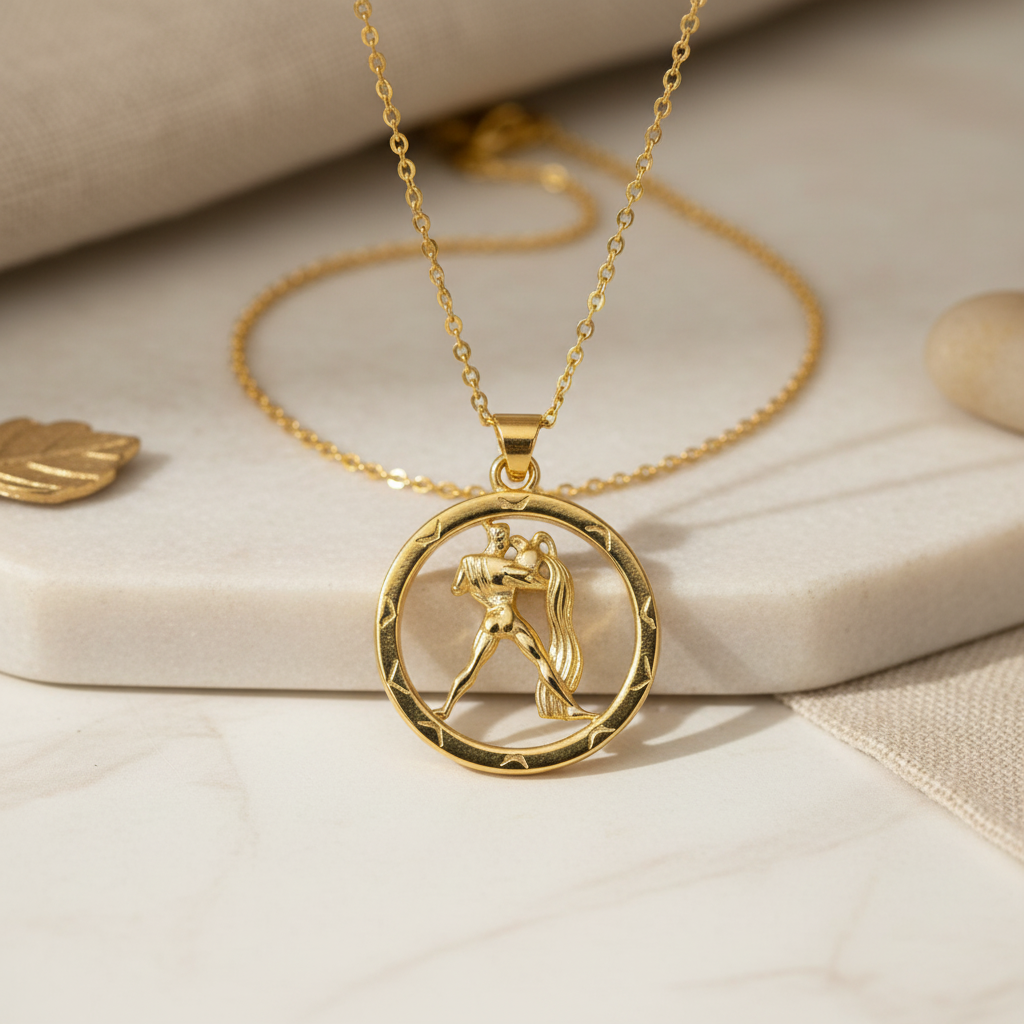 25mm Aquarius Zodiac Pendant Necklace, Men's Water Bearer Necklace, 9K Gold, Sterling Silver or Brass, Astrology Jewellery Gift