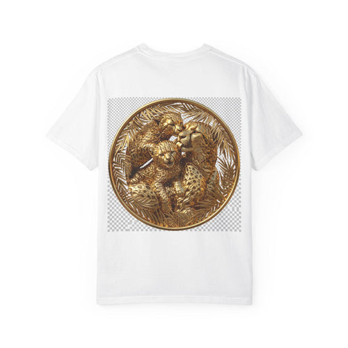 Cheetah Mum & Two Cubs gold print T-shirt with luxe family graphic by MokshaGoldSculptures.  MokshaGoldSculptures