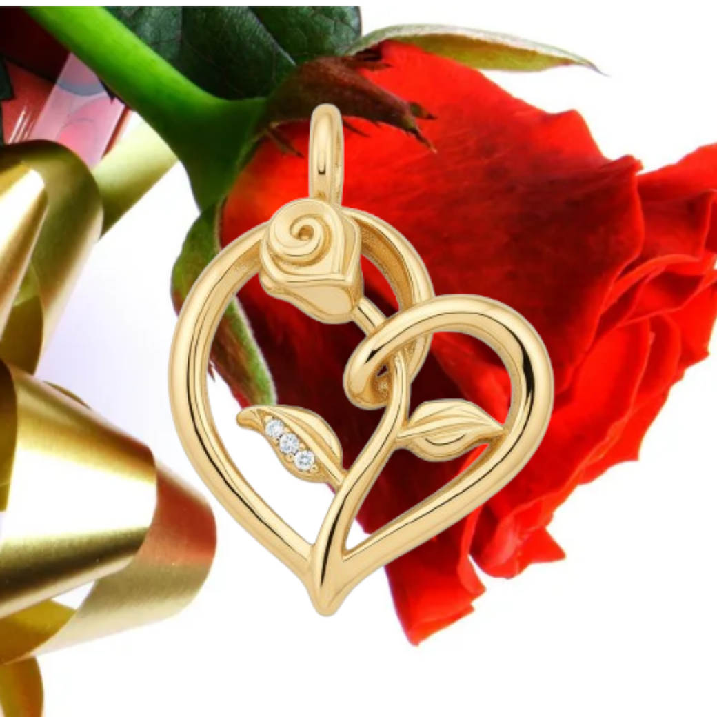 Golden Rose Heart Pendant Necklace – Solid Gold, Silver or Brass – Romantic Floral Love Jewelry
