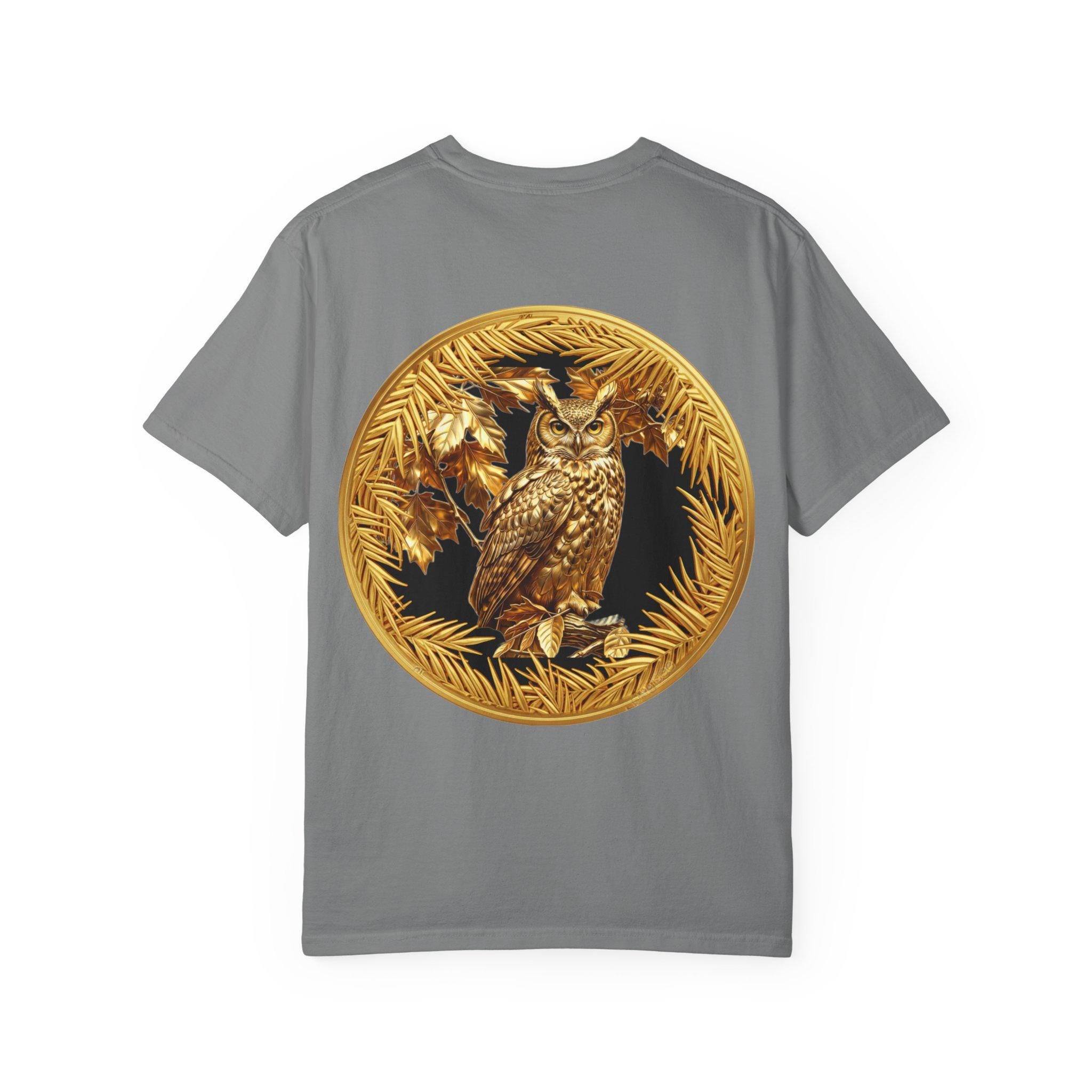 Eared Owl Gold Print T-Shirt Exotic Wildlife Night Scene with Majestic Owl Design
