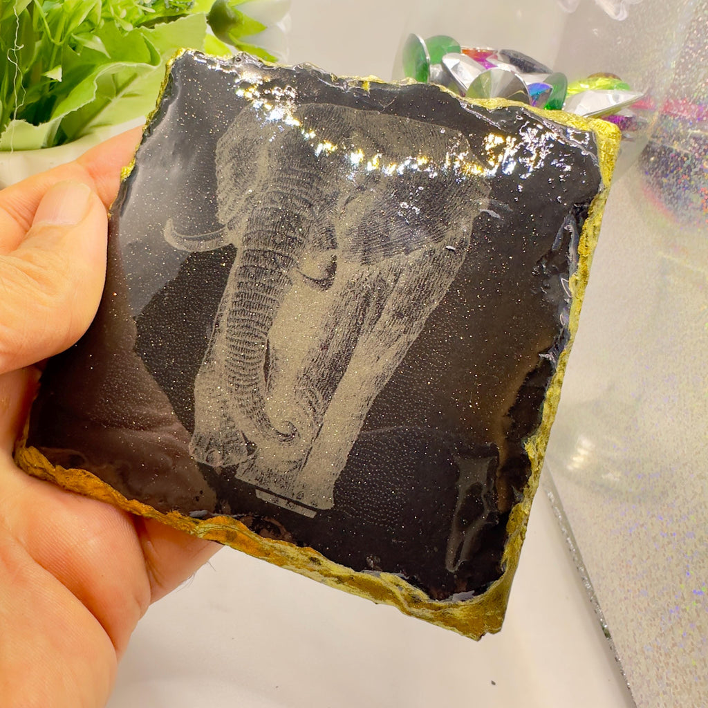 Elephant Slate Coaster Epoxy Resin Finished Handmade Natural Stone Coaster