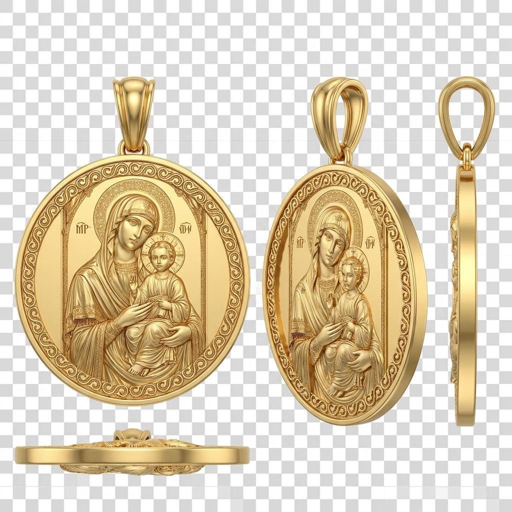 Mary with Baby Jesus Pendant Necklace – Ancient Religious Scene Jewelry – Catholic Christian Devotional Gift