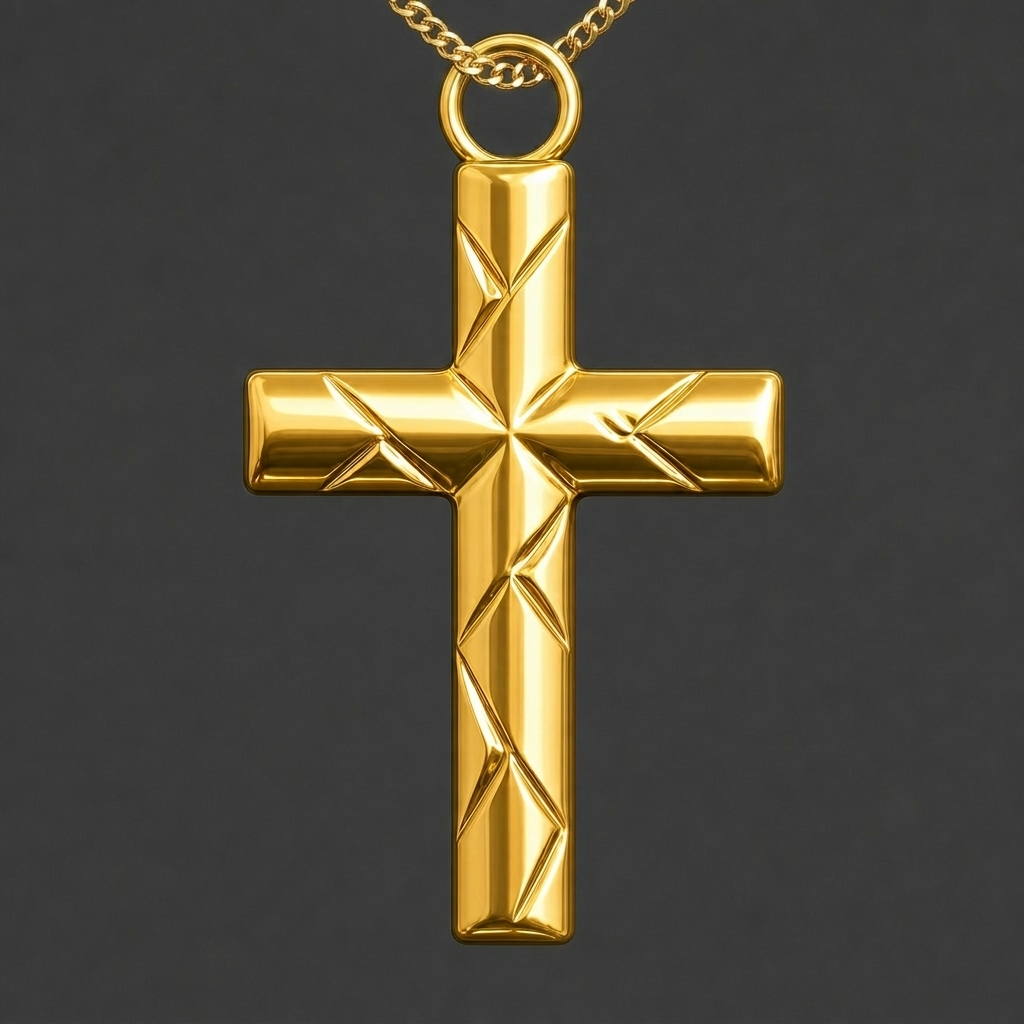 The Faceted Cross Pendant Necklace in 9K gold by MokshaGoldSculptures, geometric finish.