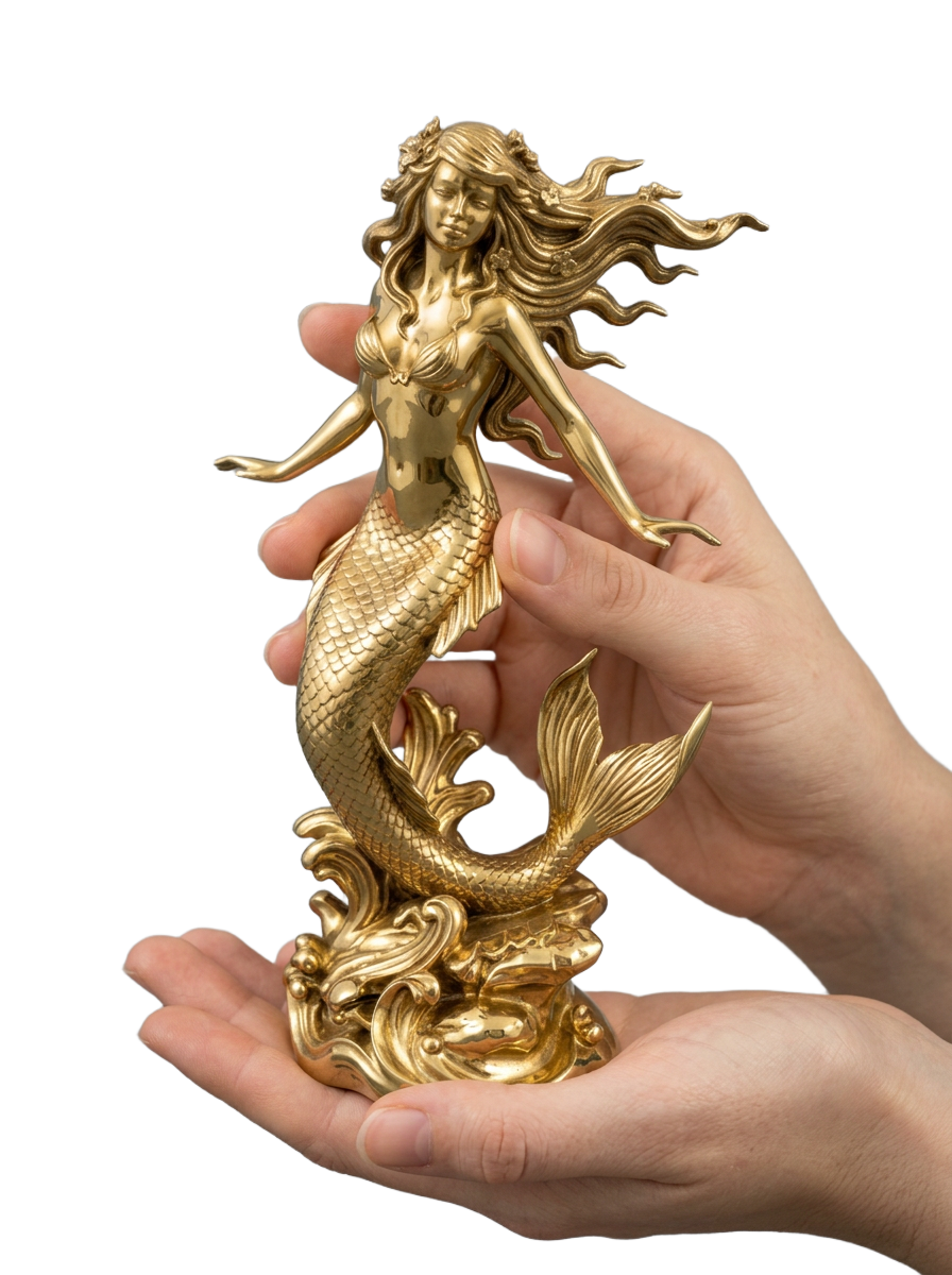 Polished brass Mermaid Sculpture by MokshaGoldSculptures, flowing hair and detailed tail, held in two hands.