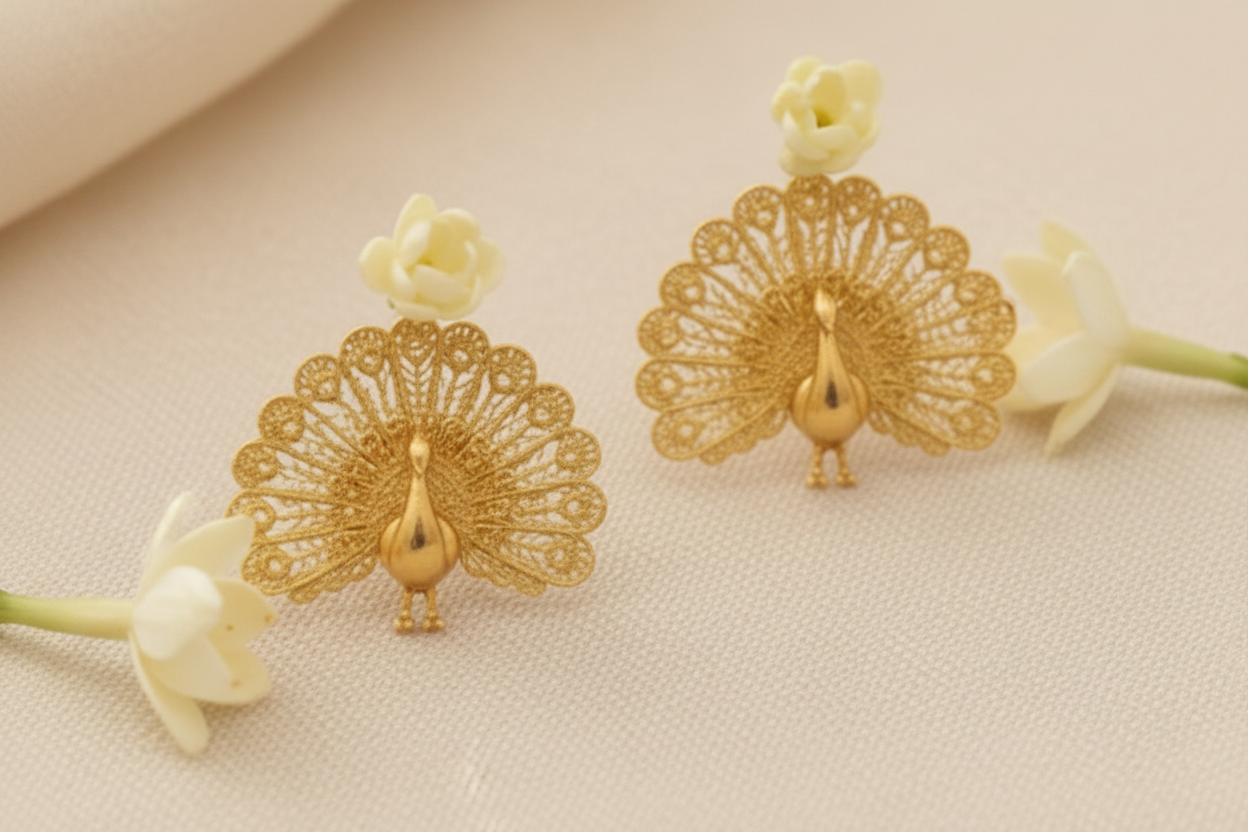 The Peacock Stud Earrings in 9K gold, silver, or brass by MokshaGoldSculptures on fabric with white flower buds.