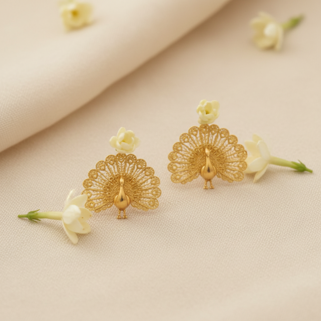 Peacock Stud Earrings in 9K Gold, Sterling Silver, or Polished Brass by MokshaGoldSculptures, fan tail design.
