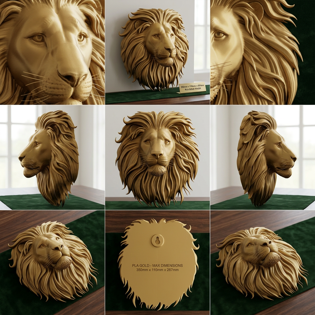 Lion Head Wall Mount PLA Sculpture 250mm | 3D Printed Lion Wall Art | Large Wall Decor | Handmade Animal Sculpture