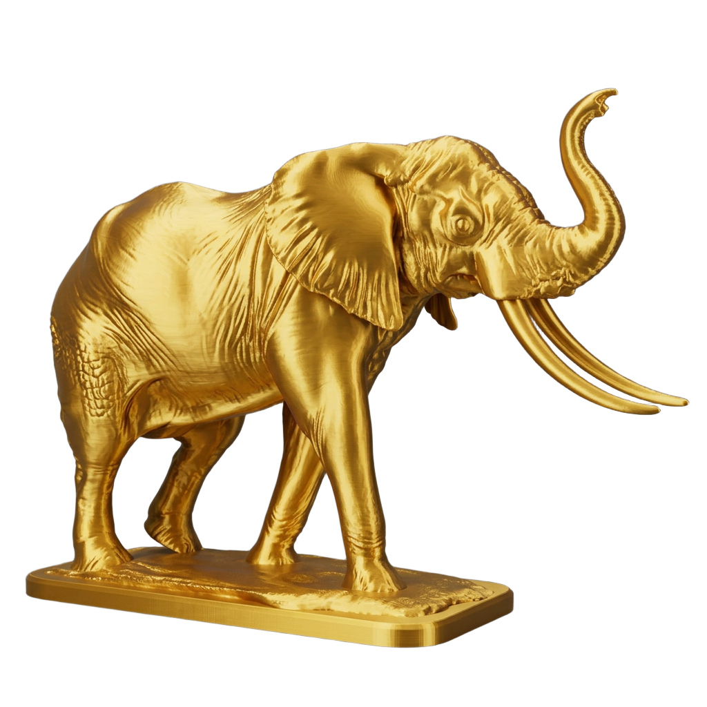 The Majestic Elephant Sculpture in gold finish by MokshaGoldSculptures, raised trunk, handmade PLA decorative statue.