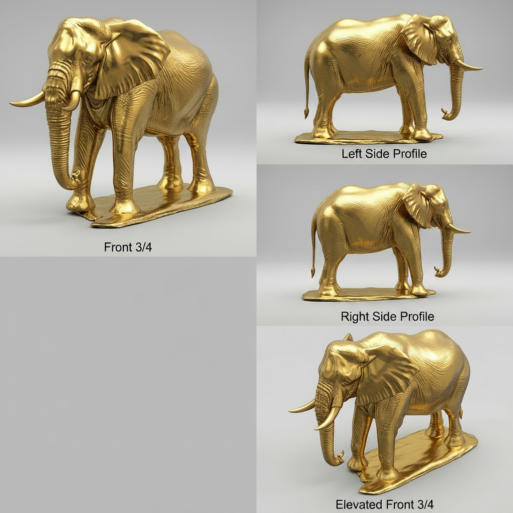 Majestic Golden Elephant Statue in gold finish by MokshaGoldSculptures, shown in four elegant angles.
