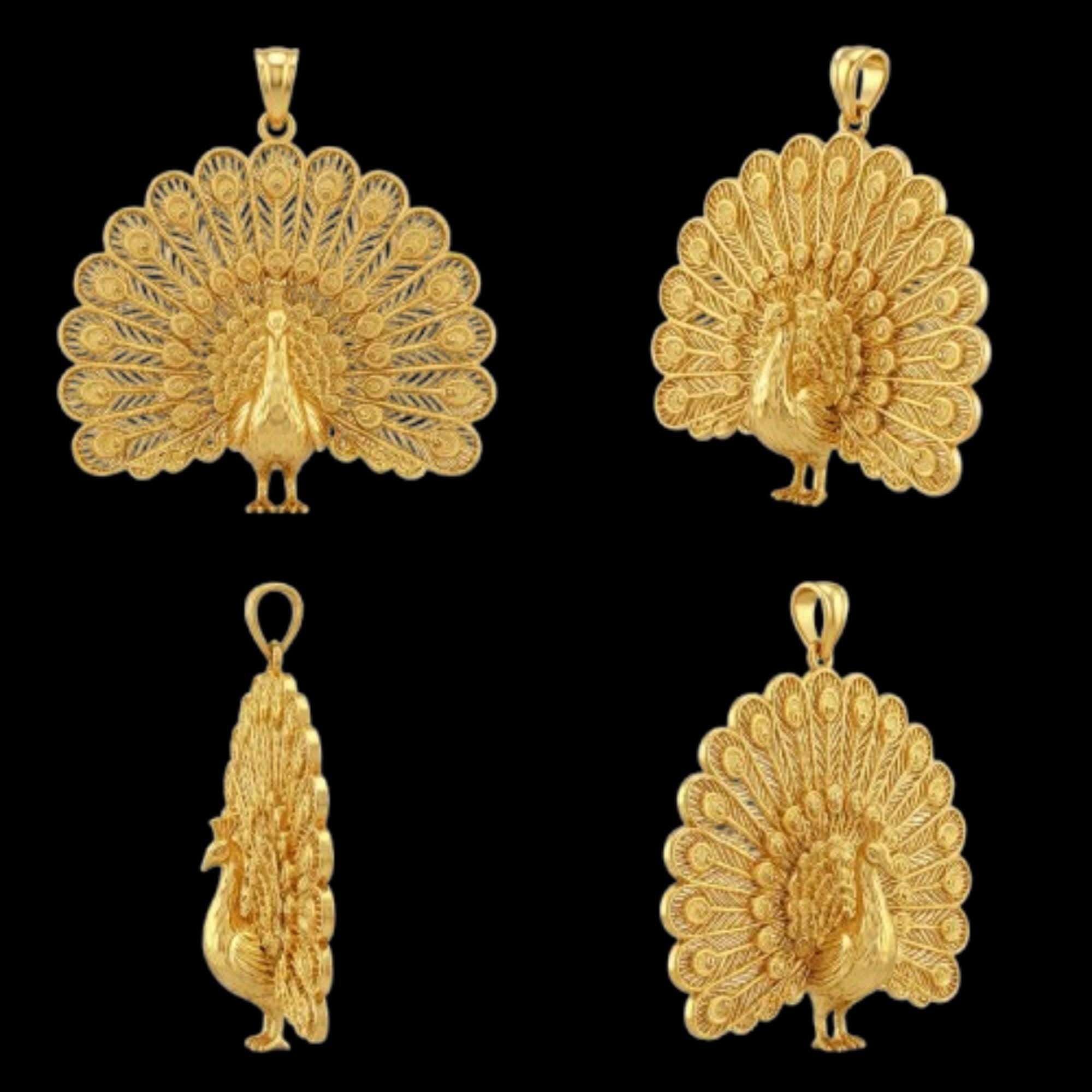3D Peacock Pendant - Gold or Sterling Silver Fanned Tail Necklace