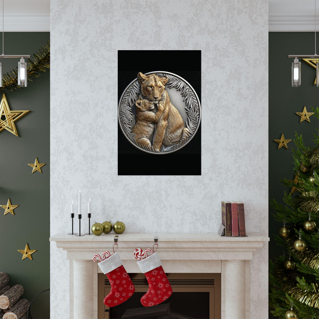 Lioness cub hug wall mount poster | natural color lion wall art | silver jungle frame