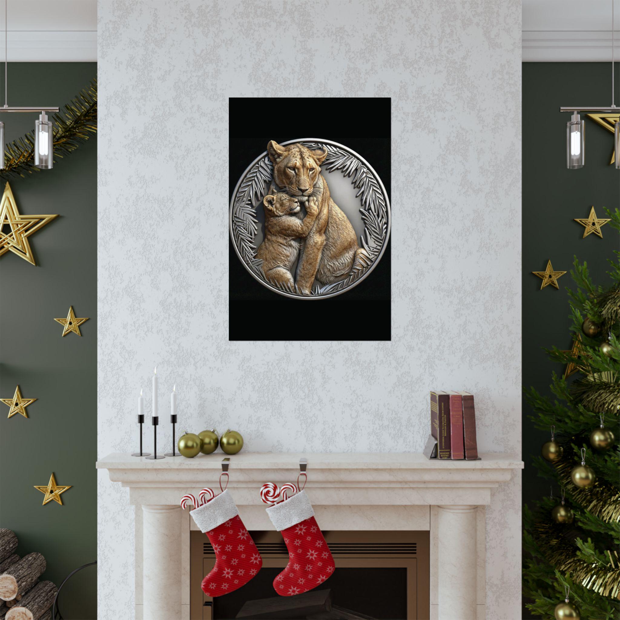 Lioness cub hug wall mount poster | natural color lion wall art | silver jungle frame