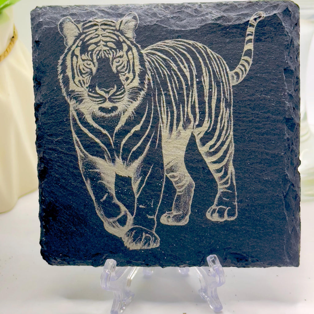 Tiger Slate Coaster | Handmade Engraved Tiger Coaster | Wildlife Animal Gift | Nature Home Decor