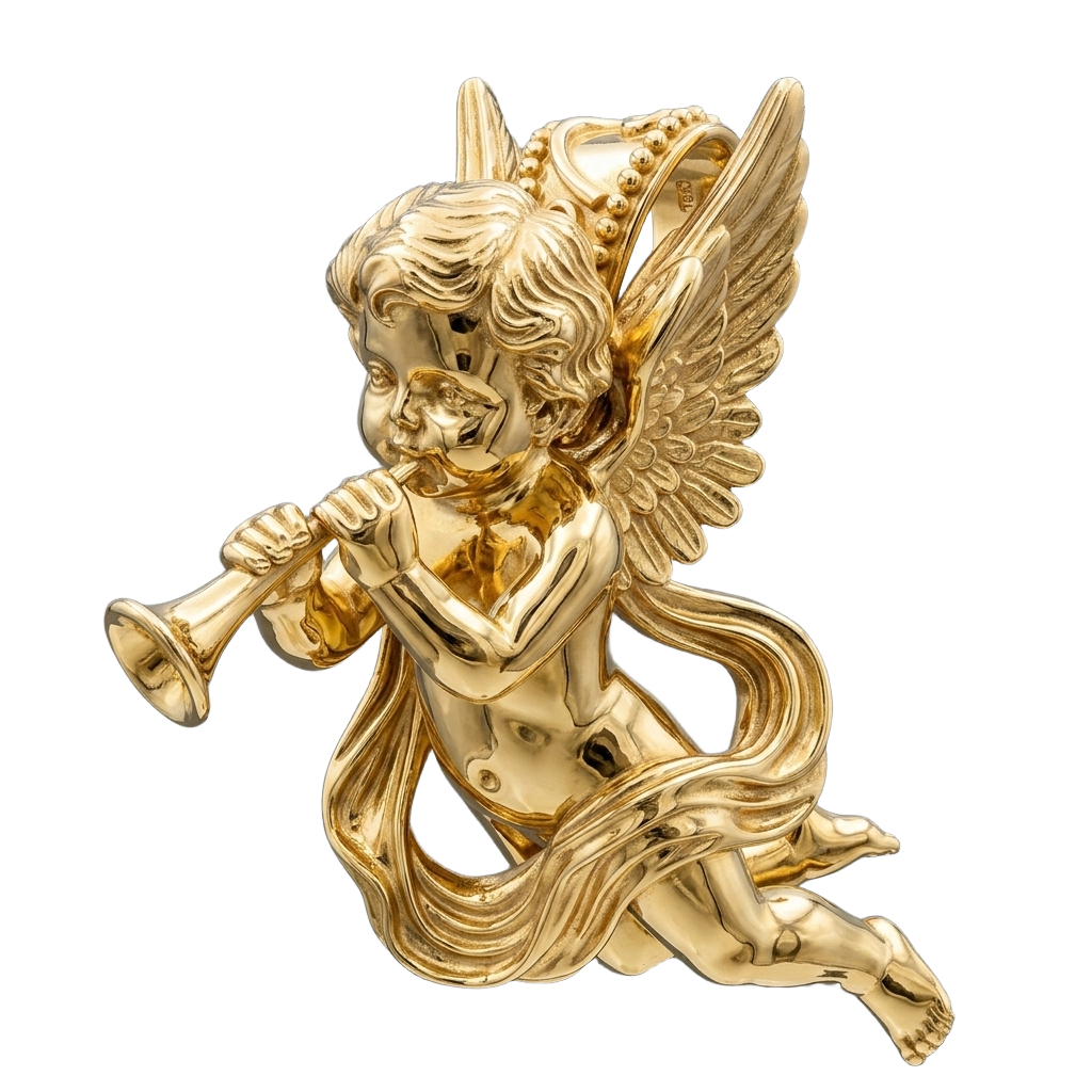 Golden Cherub Flute Pendant Necklace | Guardian Angel Jewelry | 9K Gold, Sterling Silver & Yellow Brass