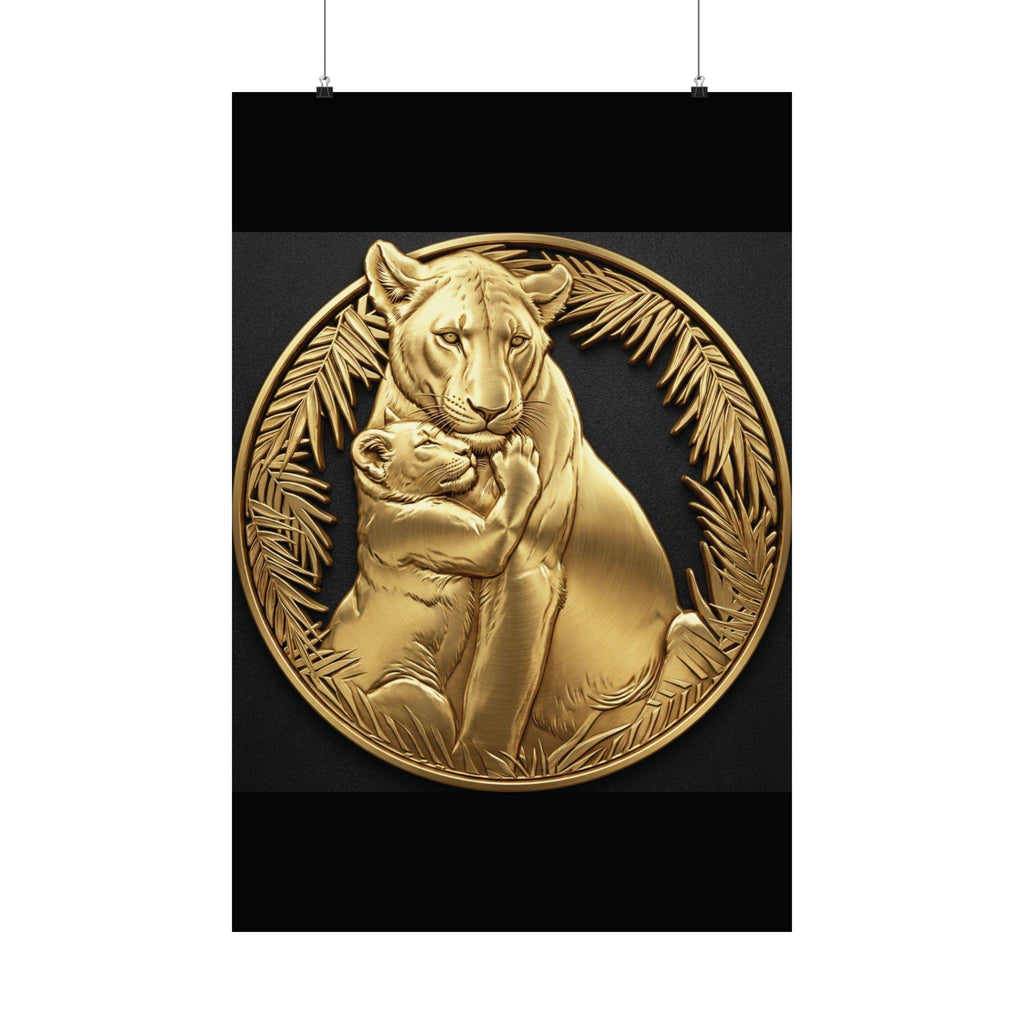 The Lion Cub Hugging Lioness pendant in gold embossed finish by MokshaGoldSculptures, jungle leaf design, silver frame.