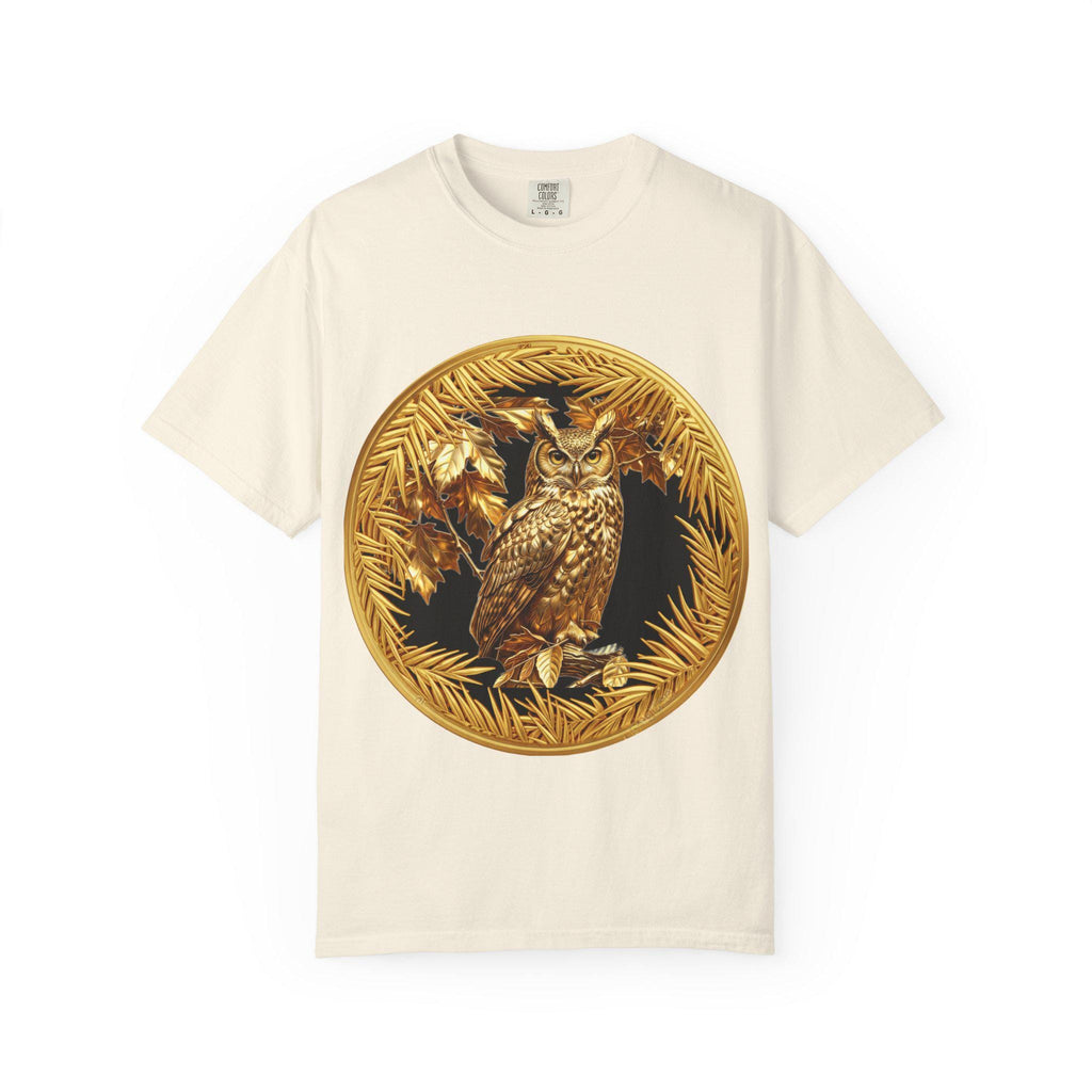 Eared Owl Gold Print T-Shirt Exotic Wildlife Night Scene with Majestic Owl Design
