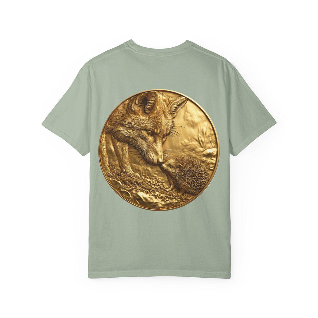 Golden Fox and Hedgehog T-Shirt  Curious Wildlife Scene in Luxury Gold Print Design