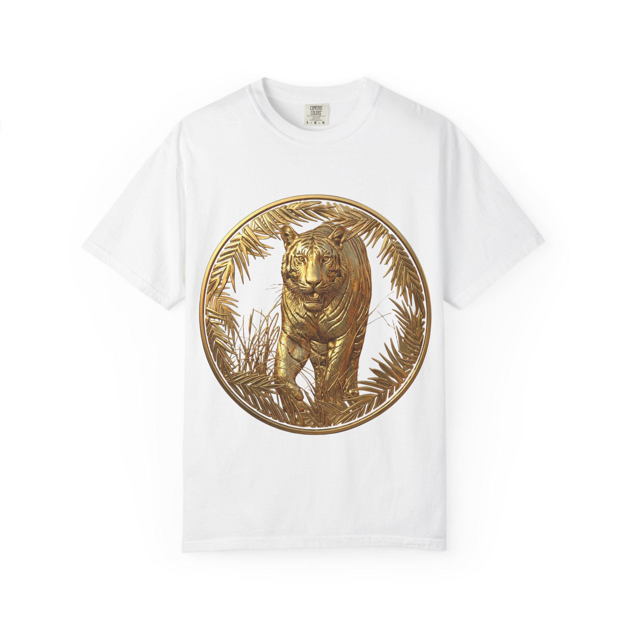 Prowling Tiger 3D Gold T-Shirt Fierce Wildlife Design, Majestic Predator in Luxury Gold Print