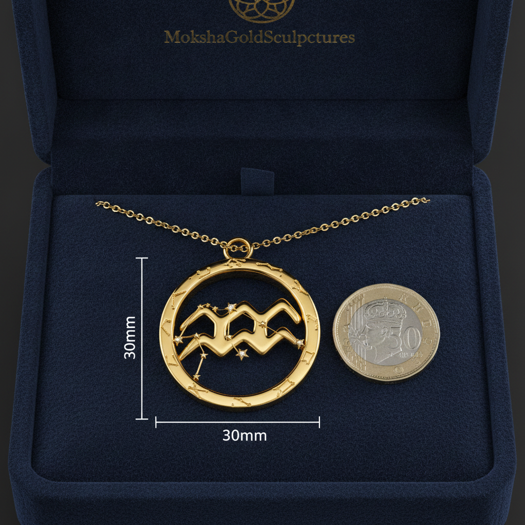 Aquarius Zodiac Pendant Necklace, 30mm Aquarius Symbol Necklace, Water Bearer Astrology Gift, 9K Gold, Sterling Silver or Yellow Brass
