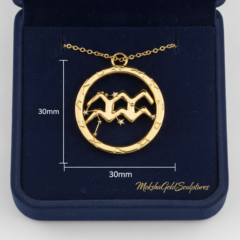 Aquarius Zodiac Pendant Necklace, 30mm Aquarius Symbol Necklace, Water Bearer Astrology Gift, 9K Gold, Sterling Silver or Yellow Brass