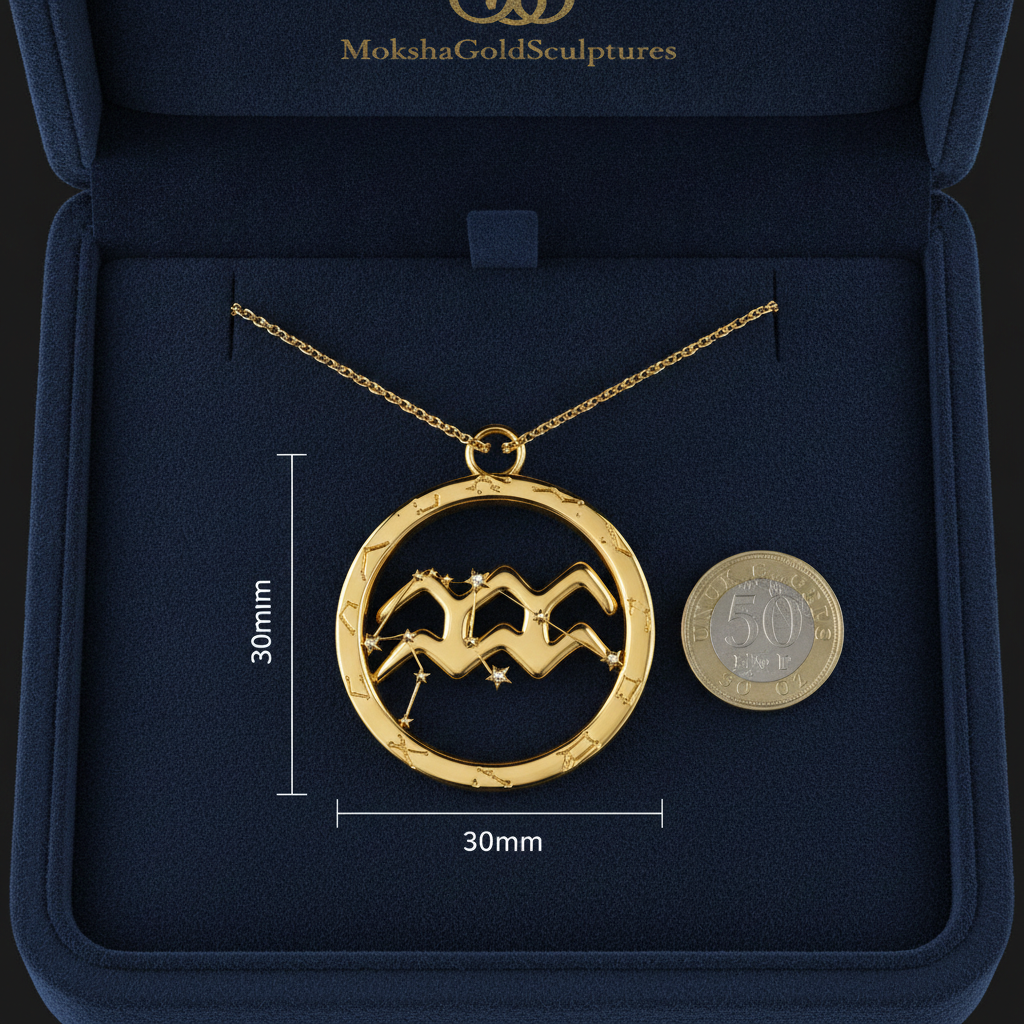 Aquarius Zodiac Pendant Necklace, 30mm Aquarius Symbol Necklace, Water Bearer Astrology Gift, 9K Gold, Sterling Silver or Yellow Brass