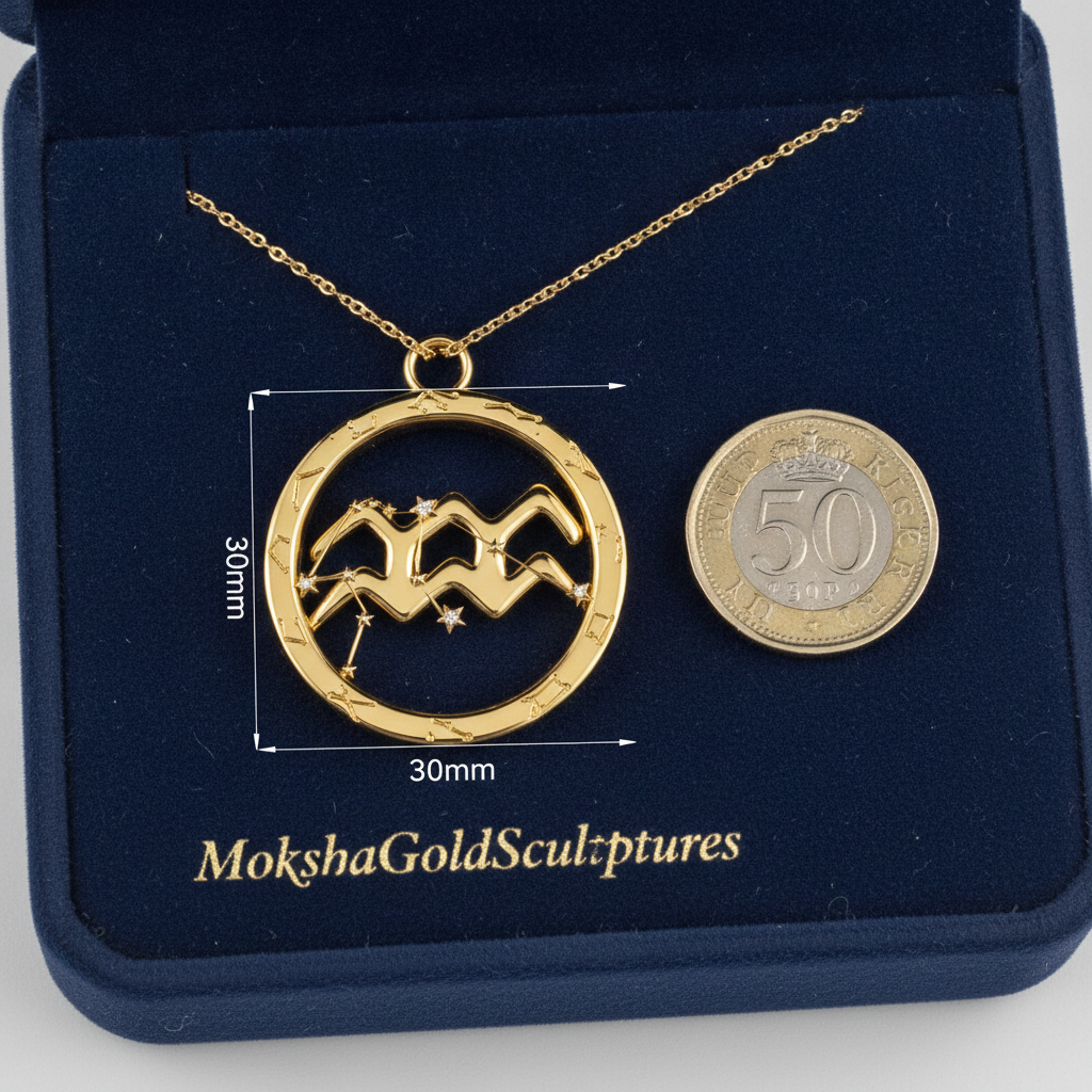 Aquarius Zodiac Pendant Necklace, 30mm Aquarius Symbol Necklace, Water Bearer Astrology Gift, 9K Gold, Sterling Silver or Yellow Brass