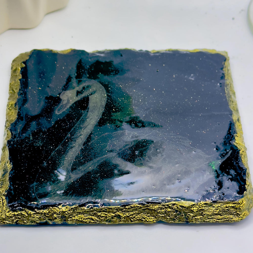 Swan Slate Coaster | Gold Rim & Epoxy Finish | Handmade Luxury Decor | Elegant Swan Gift