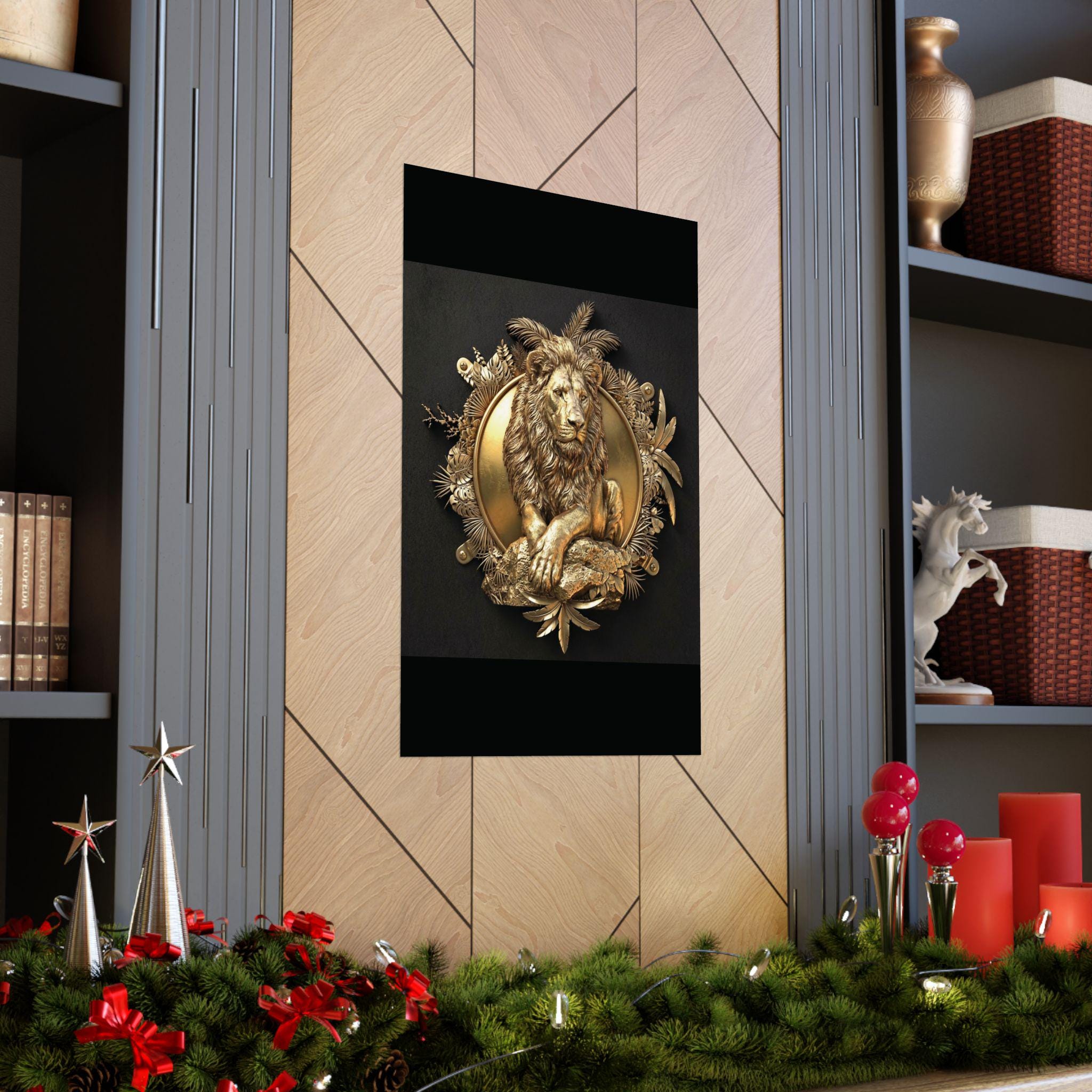 Gold Lion Tropical Frame Wall Art, Luxury Wildlife Poster