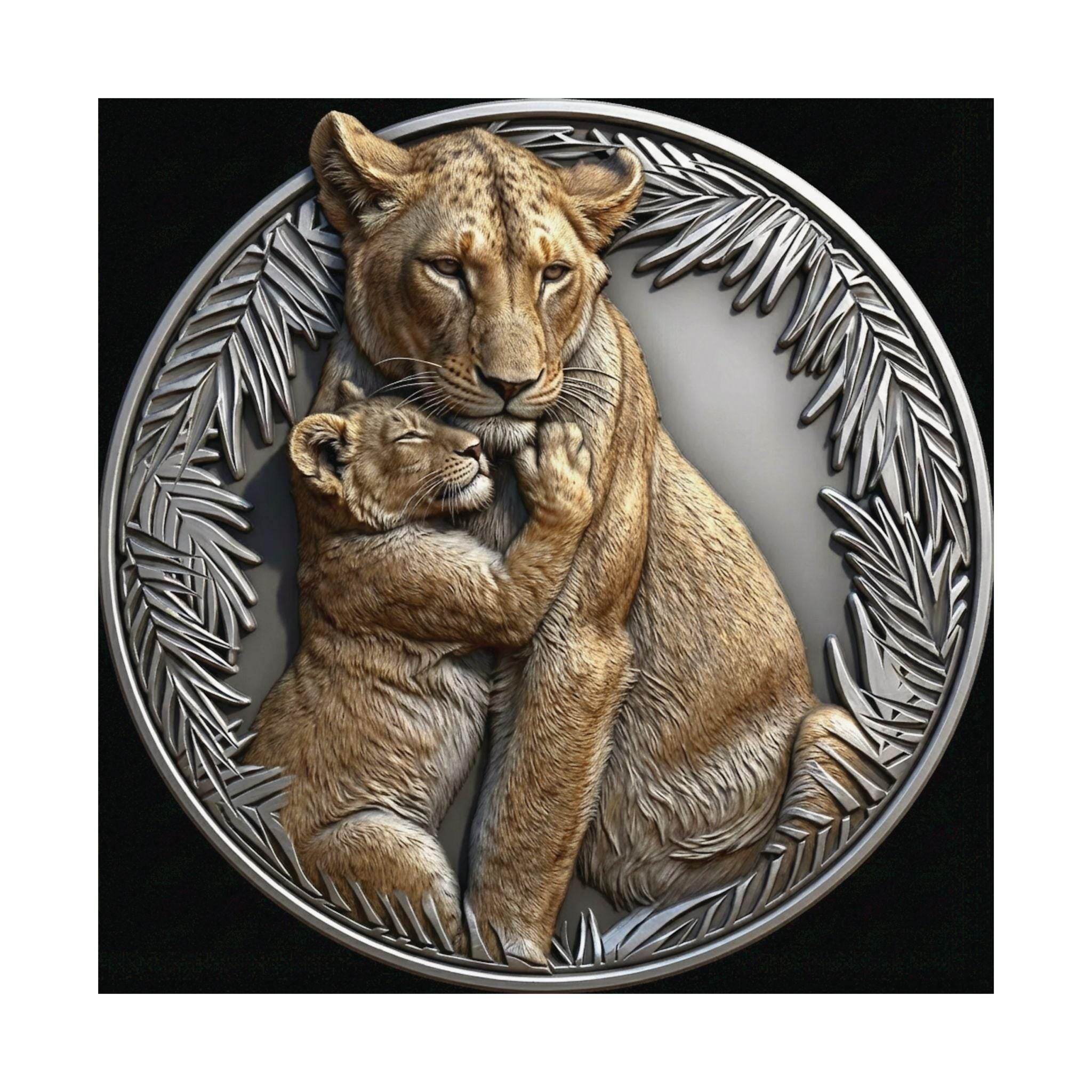 Lioness cub hug wall mount poster | natural color lion wall art | silver jungle frame