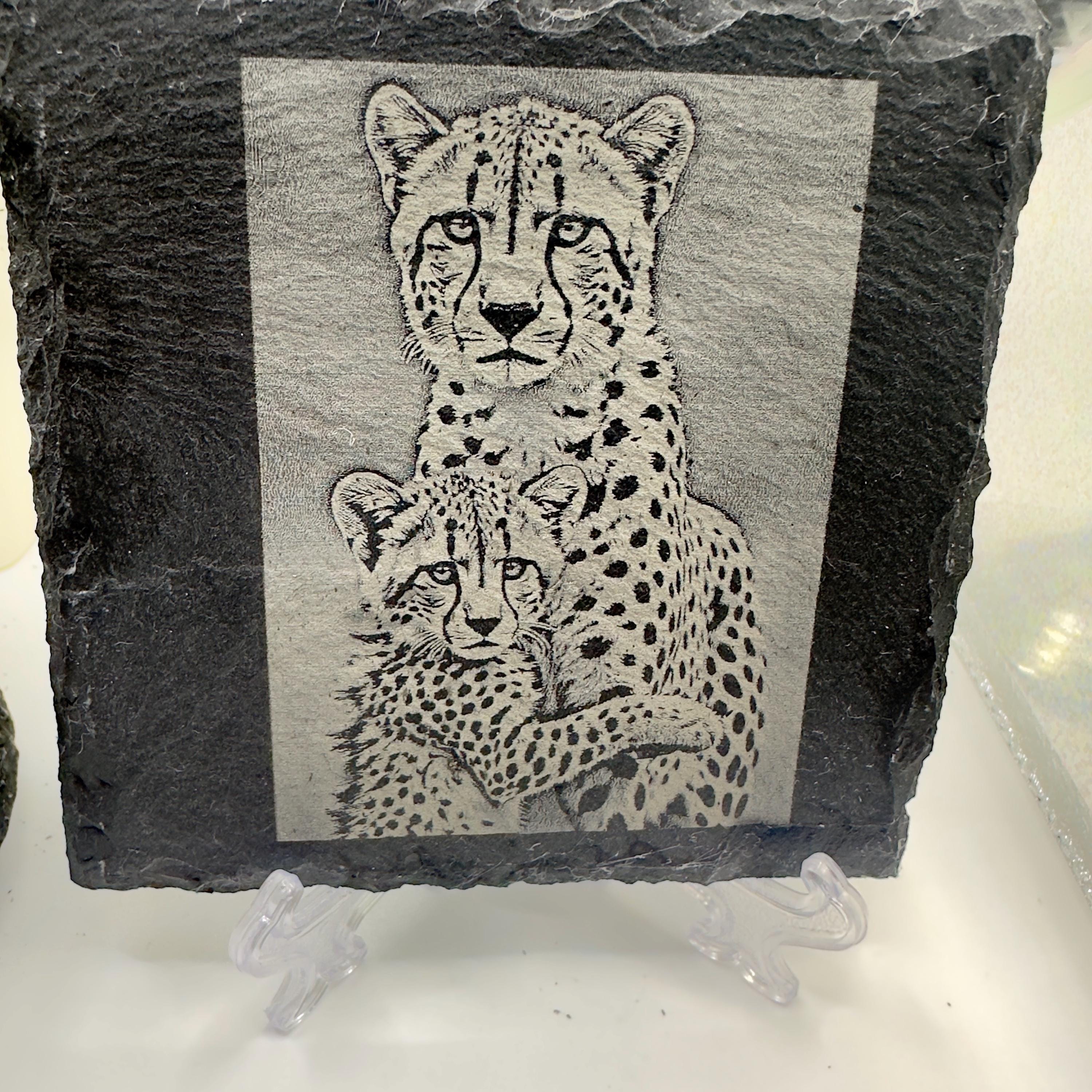 Cheetah Cub Hugging Mother Slate Coaster | Wildlife Animal Love Coaster | Natural Slate Gift for Animal Lovers