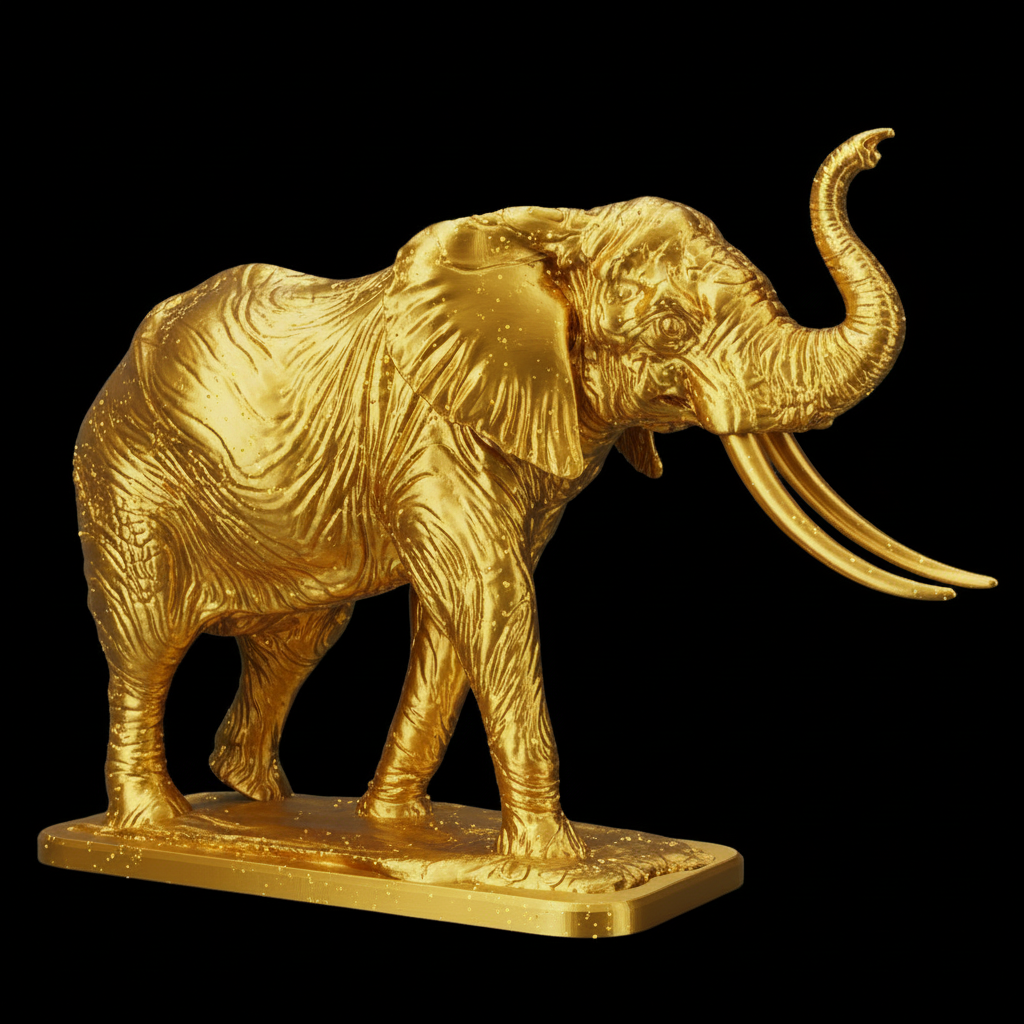 The Majestic Elephant Sculpture in gold, silver, grey, or black finish by MokshaGoldSculptures.
