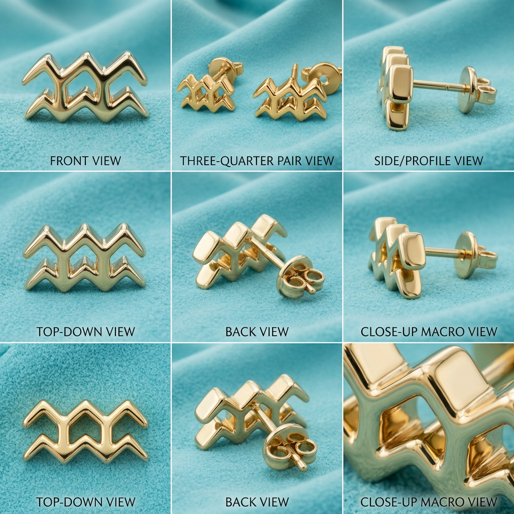Aquarius Symbol Stud Earrings in Solid Gold | Zodiac Stud Earrings | 12 × 5.5 × 2 mm