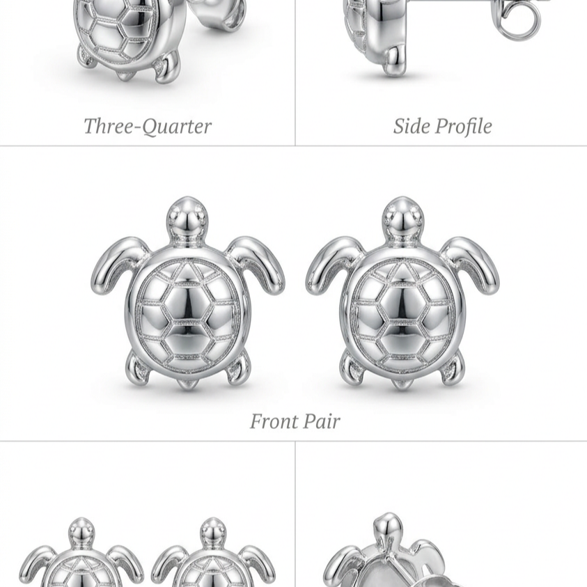 Sea Turtle Stud Earrings Polished Silver 10mm | Ocean Inspired Turtle Earrings | Minimal Animal Jewellery | Sterling Style Studs | Gift for Her