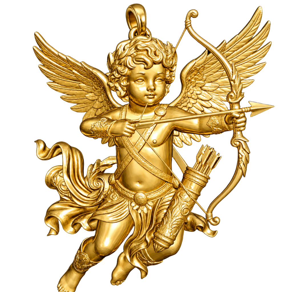 Winged Cupid Archer Pendant Necklace | Cherub Angel with Bow & Arrow | Handmade in 9K Gold, Sterling Silver & Yellow Brass